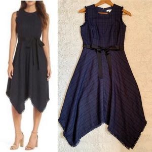 1901 Navy Plaid Handkerchief-Hem Dress with Black Ribbon